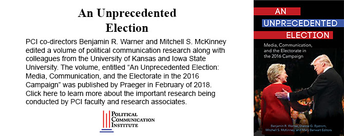 PCI co-directors Benjamin R. Warner Mitchell S. McKinney edited a volume of political communication research along with colleagues from the University of Kansas and Iowa State University. The volume, entitled “An Unprecedented Election: Media, Communication, and the Electorate in the 2016 Campaign” was published by ABC-CLIO in February of 2018. Click here to learn more about the important research being conducted by PCI faculty and research associates.